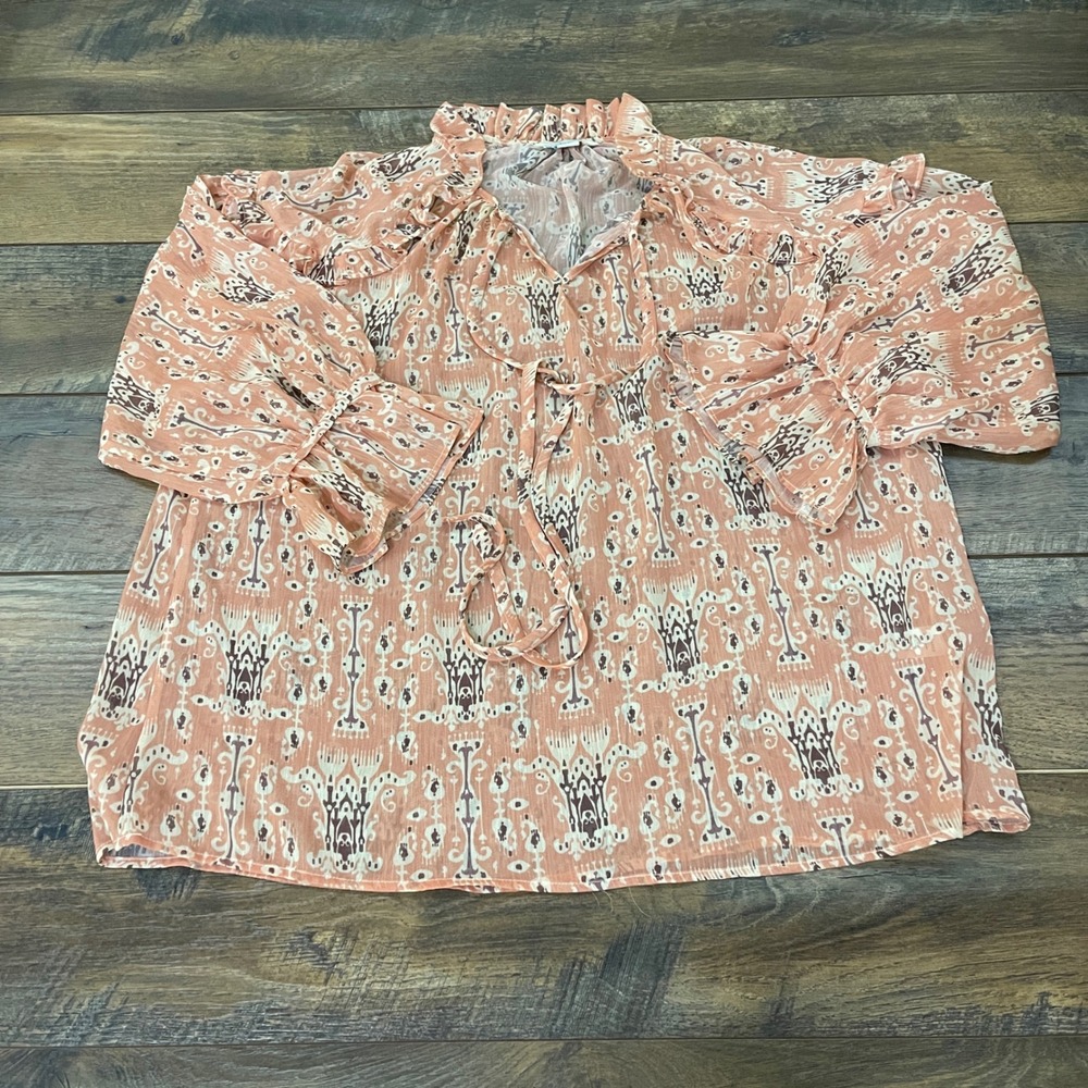 Sundance Coral Ikat Ruffle Neck Blouse Long Sleeve Boho Top Small Cottagecore